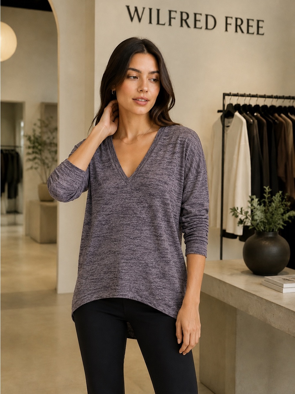 Aritzia Wilfred Free Devinette Purple Grey Marled V-Neck Top S